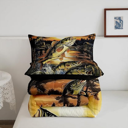 Erosebridal Big Pike Fish King Bedding Set,Bass Fishing Theme Comforter Set for Kids Boys Men,Vintage Lake House Comforter,Rustic Cabin Lodge Bedroom Room Decor,2 Pillowcases Lightweight