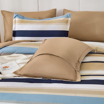 WONGS BEDDING Comforter Queen Size, Khaki and Blue 7 Pieces Comforter for Queen Bed Striped Bed in a Bag Soft Bedding Comforter Set for All Season(90"x90")
