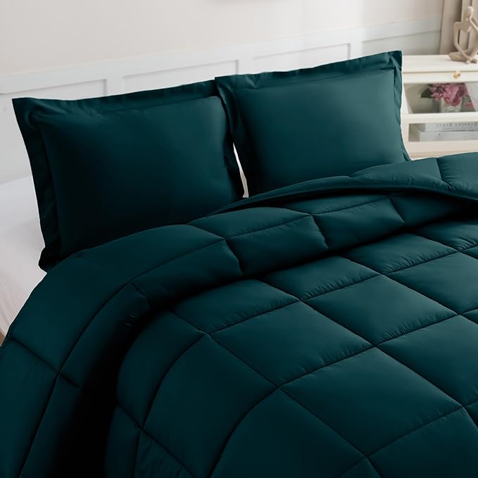 Elegant Comfort 3-Piece Box Stitched Down Alternative Comforter with Shams - Ultra Soft for All Season Duvet Insert with Corner Tabs, Plush Cozy 3PC Comforter Set, King, Marine Teal
