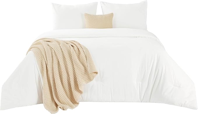 Bedsure 5 Pieces Cotton Comforter Set with Waffle Throw Blanket - Soft Breathable Bedding Set for All Seasons, White Queen Comforter, Pillow Shams, Beige 100% Cotton Blanket, Throw Pillow