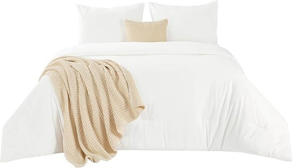 Bedsure 5 Pieces Cotton Comforter Set with Waffle Throw Blanket - Soft Breathable Bedding Set for All Seasons, White Queen Comforter, Pillow Shams, Beige 100% Cotton Blanket, Throw Pillow