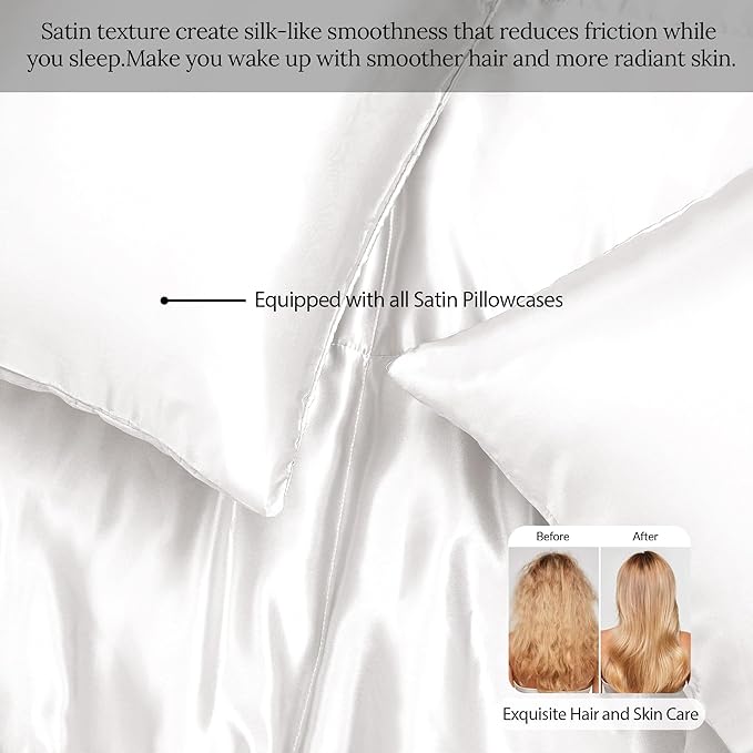 Whale Flotilla 3-Piece Reversible Silky Soft King Size Comforter Bedding Set, Luxurious Satin Comforters Oversized with 2 Satin Pillowcases, Lightweight Duvet for All Seasons, White