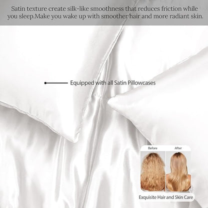 Whale Flotilla 2-Piece Reversible Silky Soft Twin Size Comforter Bedding Set, Luxurious Satin Comforters with Satin Pillowcase, Lightweight Duvet for All Seasons, White