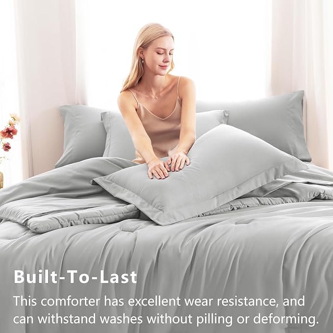 CozyLux Queen Comforter Set Light Grey, 7 Pieces Bed in a Bag Queen Comforter Set with Sheets, Soft Bedding Sets with Down Alternative Comforter, Fitted Sheet, Flat Sheet, Pillow Shams and Pillowcases