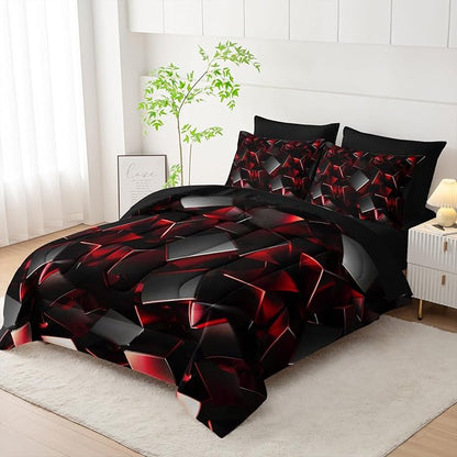 Red and Black Geometric Comforter Set King Size 7PCS,Abstract Triangular Printed Bedding Set for Adults,Geometric Mordern Art Decor All Seasons with Pillowcases,Flat, Fitted Sheet