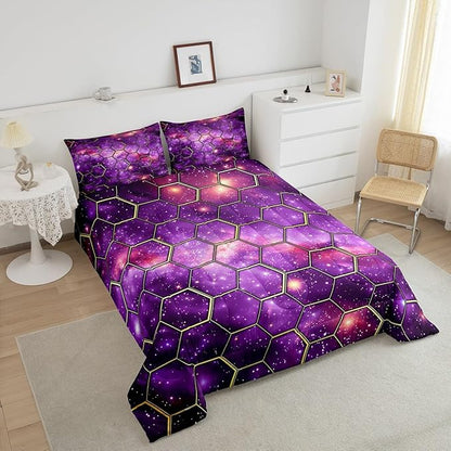Manfei Purple Galaxy Comforter Set Toddler Size, Geometric Hexagon Print Bedding Set 2pcs, Starry Sky Honeycomb Space Down Comforter for All Season, Kids Boys Girls Room Decor, 1 Pillowcase