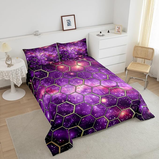 Manfei Purple Galaxy Comforter Set King Size, Geometric Hexagon Print Bedding Set 3pcs, Starry Sky Honeycomb Space Down Comforter for All Season, Kids Boys Girls Room Decor, 2 Pillowcases