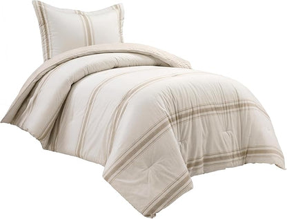 Lush Decor Farmhouse Stripe Reversible Cotton Comforter Set, 2-Piece, Twin XL Neutral - Twin Bedding Set - Dorm Decor - Striped Comforter for Farmhouse Bedroom Decor