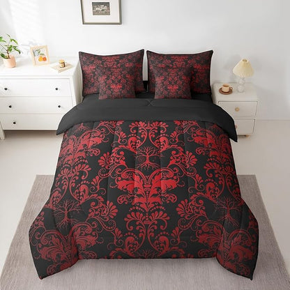 Erosebridal Gothic Damask Bed in a Bag King Size Comforter Set 7 Pieces,Sun Moon Tree of Life Bedding Sets Red Black Victorian Floral Goth Sheet Set with Comforter