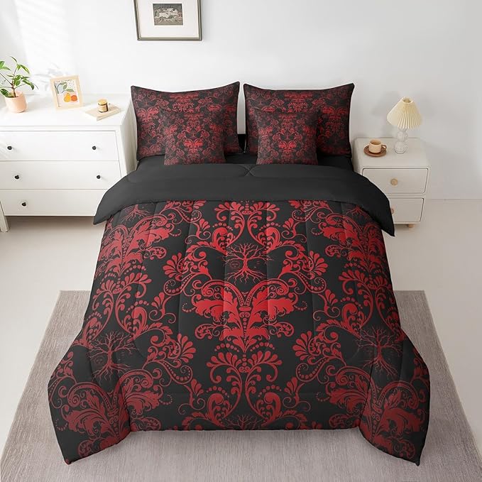 Erosebridal Gothic Damask 7 Piece Comforter Set Full Bed in a Bag,Sun Moon Tree of Life Bedding Sets Red Black Victorian Floral Goth Sheet Set with Comforter