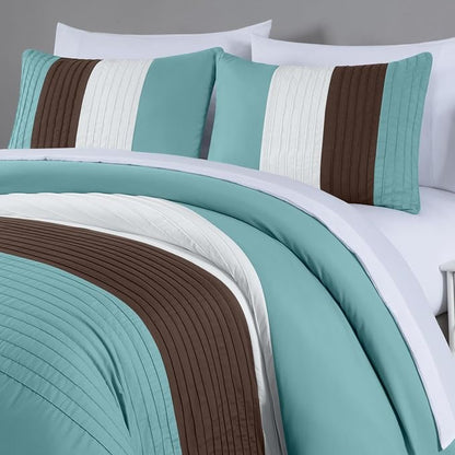 Chezmoi Collection Briar 7-Piece Full Bed in a Bag - All Season Lightweight Microfiber Comforter Set - Includes Sheets & Shams - Blue/Brown/Beige Pleated Stripe Design