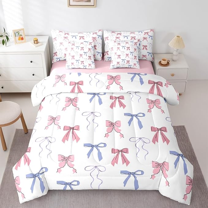 Erosebridal Bowknot King Comforter Set Bow 7-Piece Bed in A Bag Sweet Ribbon Dreamy Fairy Kawaii Sheets and Pillowcases Pink White Bed Sets