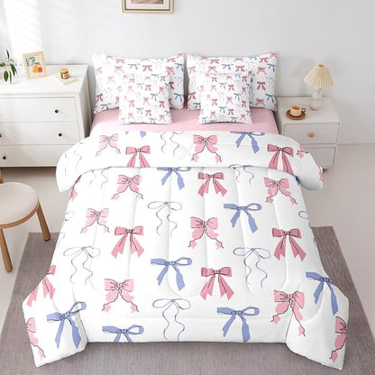 Erosebridal Bowknot King Comforter Set Bow 7-Piece Bed in A Bag Sweet Ribbon Dreamy Fairy Kawaii Sheets and Pillowcases Pink White Bed Sets