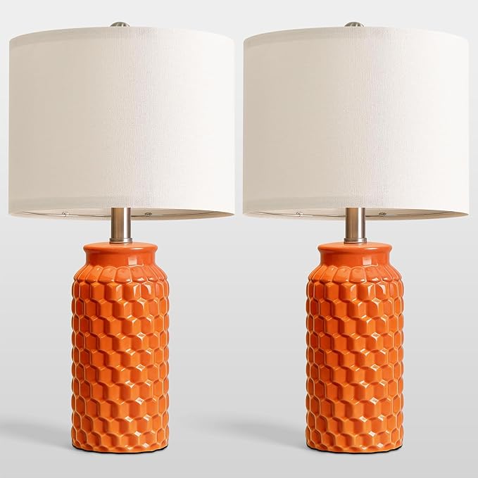 20.5" Ceramic Table Lamps Set of 2, Modern Farmhouse Boho Bedside Lamps for Bedroom, Nightstand Lamps for Living Room End Tables, Small Desk Lamps, Orange
