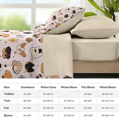 Nesker 7 Pcs Comforter Set King Size, Kids Cute Cartoon Pug Puppy Bedding Set for Kids and Adults, Animal Dog Cream Bed Sheet Sets with Fitted Sheet 2 Pillowcases & 2 Shams