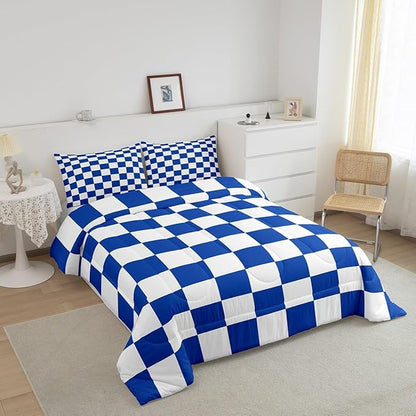 Feelyou Checkered Retro Bedding Set Teen Women Men Blue White Plaid Comforter Set King Size Kids Boys Girls Geometric Vintage Duvet Insert Modern Simple Groovy Aesthetic Room Decor