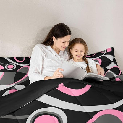 Feelyou Pink Grey and Black Comforter Retro Circle Comforter Set Modern Abstract Art Bedding Set for Kids Boys Girls Swirl Duvet Luxury Room Decor Quilt King Size