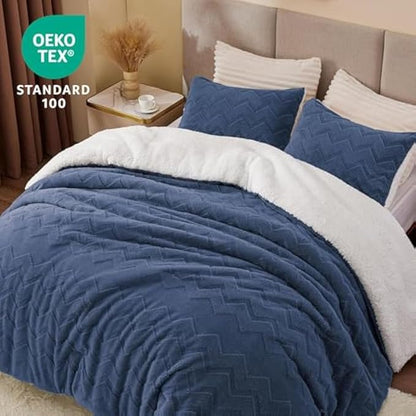 BEDELITE Fluffy Full Size Comforter Set - Super Soft Sherpa Navy Comforter for Full Size Bed, Luxury Warm Bedding Set for Winter, Fuzzy Bed Set 3 Pieces (1 Comforter, 2 Pillowcases)
