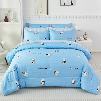 SUCSES 8 Pieces Blue Full Size Comforter Set Striped Western Kids Bedding Sets for Boys Girls Milk Cow Print Bed in A Bag with Comforter and Sheets (Blue, Full)