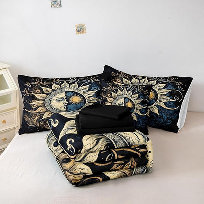 Sun and Moon Comforter Set Black Boho Bedding Set Celestial Galaxy Starry Space Bedding Comforter Mandala Exotic Black Bed in A Bag Full Size