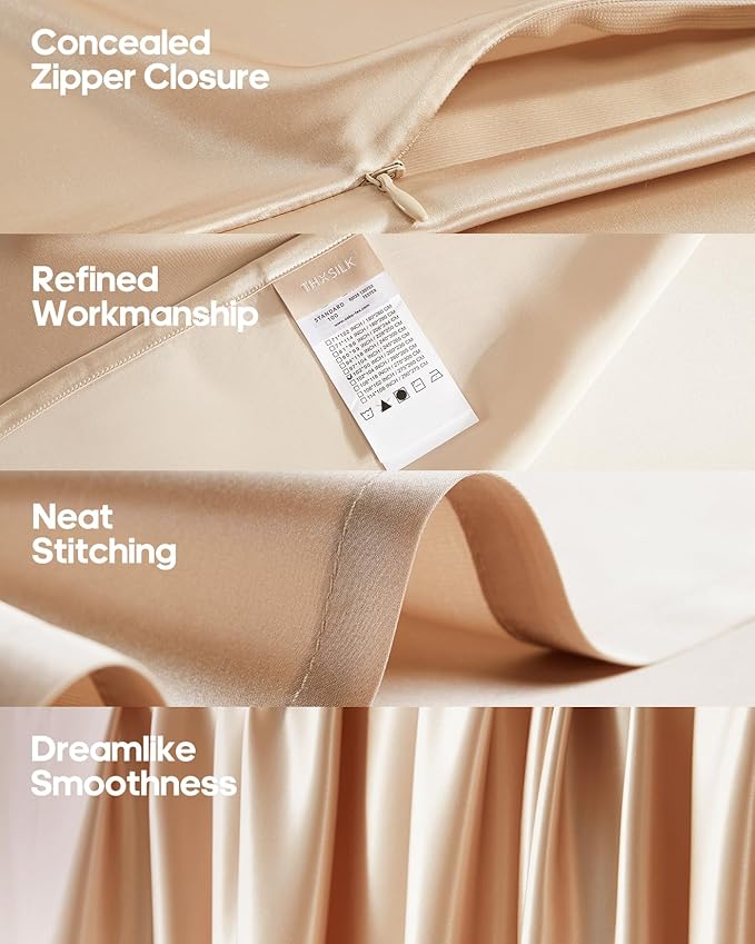THXSILK Silk Sheet Set 4 Pcs, Queen Size Sheet Set, Soft Breathable Cooling Bed Sheets with 1 Flat Sheet, 1 Fitted Sheet, 2 Pillowcases with Zipper Closure, Champagne