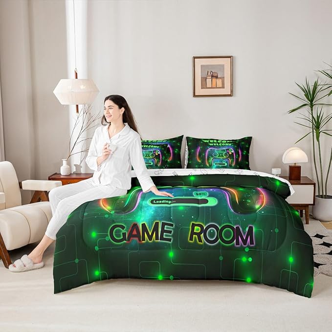 jejeloiu Cool Gamer 7 Piece Bedding Set King Size for Boys 3D Gaming Comforter Set with Sheets Kids Teens Bright Green Bed in a Bag Modern Game Console Bed Set