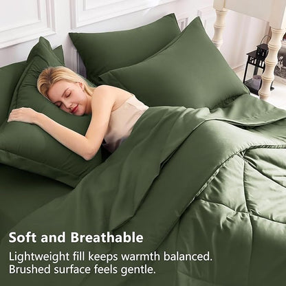 CozyLux Queen Comforter Set Olive Green - Bed in a Bag Queen Size 7 Pieces, Luxury Soft Bed Set for All Seasons, Bedding Set with Down Alternative Comforter, Sheets, Pillowcases & Shams