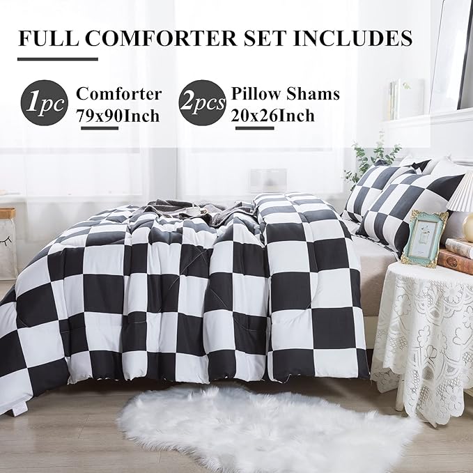 Andency Checkered Comforter Full(79x90Inch), Black White Plaid Gingham Bed Set for Teen Boys Kids, Lightweight Microfiber Geometric Preppy Bedding, 3 Pieces
