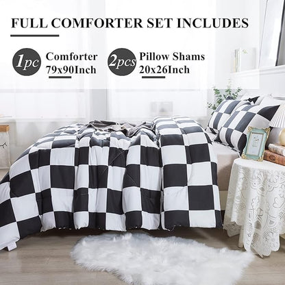 Andency Checkered Comforter Full(79x90Inch), Black White Plaid Gingham Bed Set for Teen Boys Kids, Lightweight Microfiber Geometric Preppy Bedding, 3 Pieces