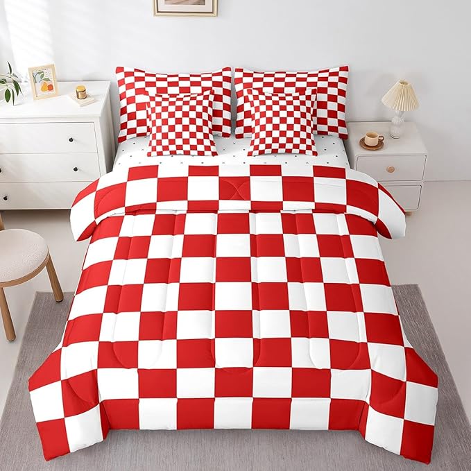 Feelyou Checkered Retro 7 Piece Bedding Set Teen Women Men Red White Plaid Comforter Set with Sheets Full Size Kids Boys Girls Geometric Vintage Bed in a Bag Modern Simple Groovy Aesthetic Room Decor