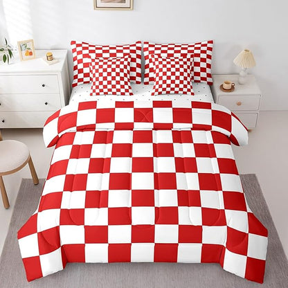 Feelyou Checkered Retro 7 Piece Bedding Set Teen Women Men Red White Plaid Comforter Set with Sheets King Size Kids Boys Geometric Vintage Bed in a Bag Modern Simple Groovy Aesthetic Room Decor