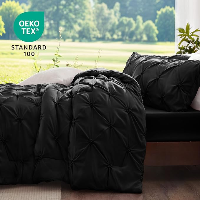 BEDELITE Black Twin Comforter Set - 2 Peices Boho Pintuck Bedding Comforter Sets, Lightweight Soft & Warm Twin Bedding Sets with 1 Pillowcase for All Season
