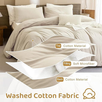 Sanracie Cotton Comforter King Size,Solid Color Bedding Comforter Set Linen Feel Textured 3 Pieces(1 Wheat Bed Comforter + 2 Pillowcases) Soft Lightweight Neutral King Bedding All Season