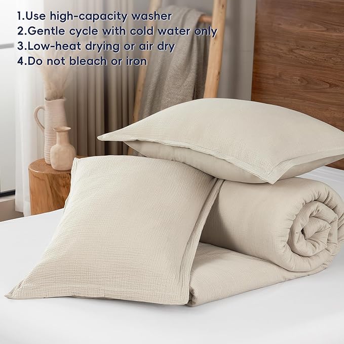 PHF Cotton Muslin Comforter Set King Size, Ultra Soft, Breathable & Lightweight All-Season Bedding, Filling: 100% Polyester, 3 Pieces with 1 Comforter 104"x90" and 2 Pillow Shams 20"x36", Natural