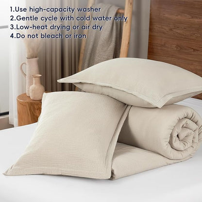 PHF Cotton Muslin Comforter Set King Size, Ultra Soft, Breathable & Lightweight All-Season Bedding, Filling: 100% Polyester, 3 Pieces with 1 Comforter 104"x90" and 2 Pillow Shams 20"x36", Natural