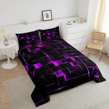 Erosebridal Geometric Violet Black Comforter Set,Light Honeycomb 3 Piece Bedding Set Full Size for Teen Boys,Modern Bedding Quilt Decor,Microfiber Lightweight 1 Comforter 2 Pillowcases