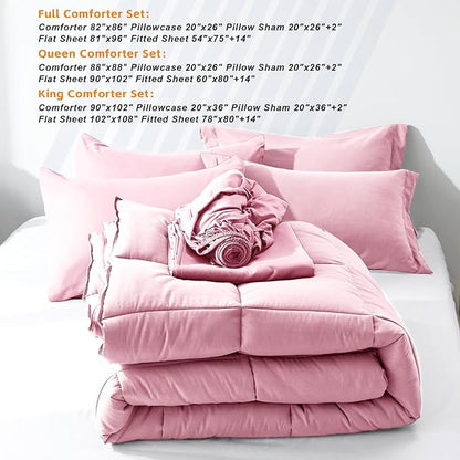 COZYART Full Comforter Set 7 Pcs, Pink Bed in a Bag, All Season Lightweight Soft Reversible Bedding Set, 1 Comforter, 1 Flat Sheet, 1 Fitted Sheet, 2 Pillow Shams, 2 Pillowcases