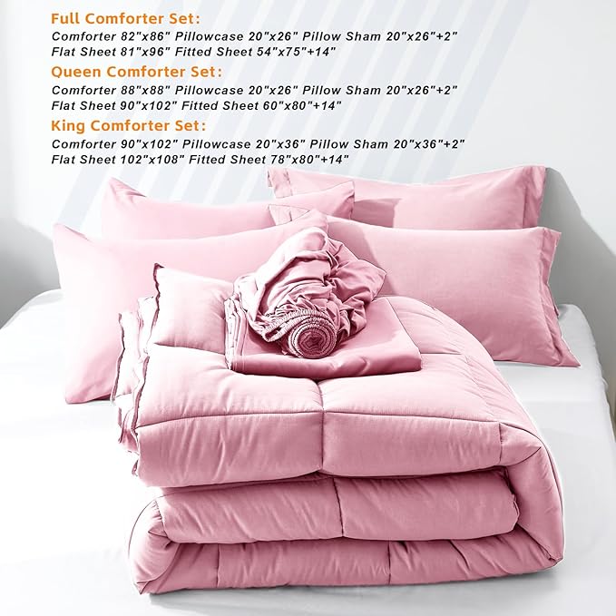 COZYART Queen Comforter Set 7 Pcs, Pink Bed in a Bag, All Season Lightweight Soft Reversible Bedding Set, 1 Comforter, 1 Flat Sheet, 1 Fitted Sheet, 2 Pillow Shams, 2 Pillowcases