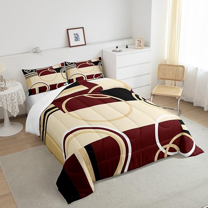 Erosebridal Modern Geometric Comforter Set Red Brown Black Stripes Down Comforter Full Size Retro Circle Swirls Bedding Set Bedroom Decor Abstract Texture Color Art Comforter for Kids Adult