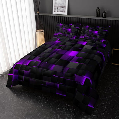 Neon Purple Black Comforter Set Full Geometric Kids Bedding Set,3 PCS Geometry Honeycomb Bed Set Modern Quilt Set 1 Comforter 2 Pillow Cases Cool Room Decor All Season B-Side Black