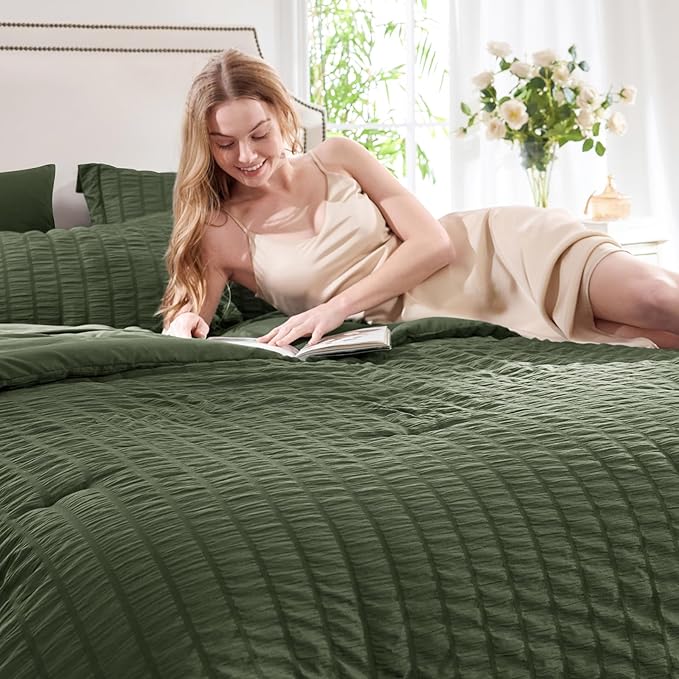 CozyLux King Size Comforter Set Olive Green Seersucker 7 Pieces Bed in a Bag King Comforter Set with Sheets, Luxury Bedding Set with Down Alternative Comforter, Sheets, Pillowcases & Shams All Seasons