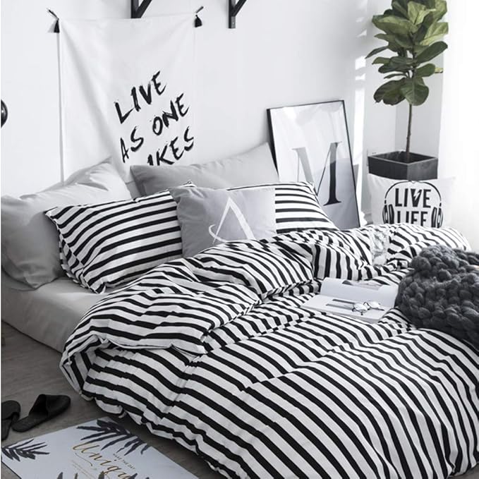 CLOTHKNOW Striped California King Comforter Set Black and White Bedding Comforter Sets All Season Farmhouse Ticking Comforter with 2 x Pillow Cases