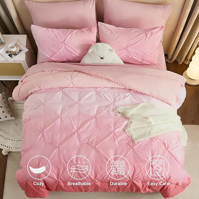 Dinjoy Ombre Comforter Set Full Size, 7-Piece Bed in a Bag for Kid Teen, Pintuck Colorful Rainbow Bedding Sets with Comforter, Flat Sheet, Fitted Sheet and Pillowcases & Shams, Pink