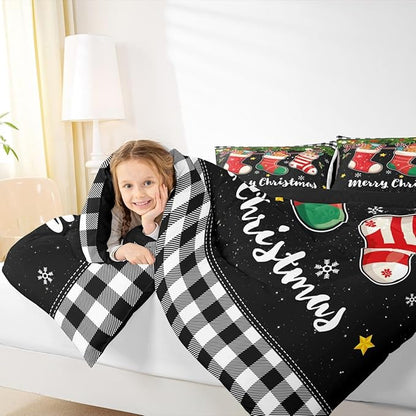 Merry Christmas Comforter Set Twin Size,Cartoon Christmas Stocking Bedding Set 2Pcs,Vintage Black White Check Quilt Set for Kids Girls Boys Room Decor Xmas Tree Duvet Insert,1 Pillowcase