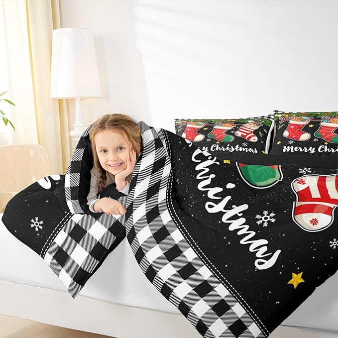 Merry Christmas Comforter Set Queen Size,Cartoon Christmas Stocking Bedding Set 3Pcs,Vintage Black White Check Quilt Set for Kids Girls Boys Room Decor Xmas Tree Duvet Insert,2 Pillowcases