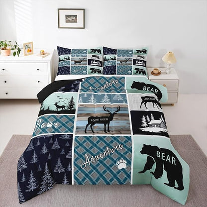 Bear Deer Comforter Set Twin Size, Hunting Wild Animal Bedding Rustic Cabin Lodge Quilt Farmhouse Blue Geometric Plaids Bedding Comforter Sets For Boys Girls Mens Bedroom, Blue Rustic Gifts For Men