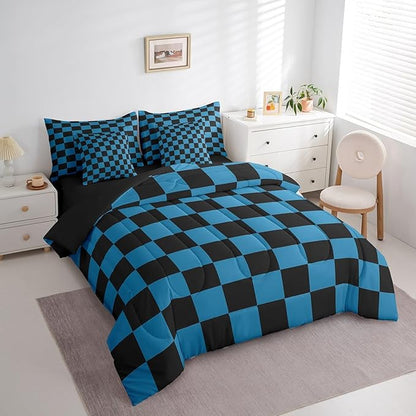 Feelyou Checkered 7 Piece Bedding Set Teen Blue Black Plaid Comforter Set with Sheets Queen Size Kids Boys Cute Retro Neutral Checkerboard Geometric Bed in a Bag Vintage Aesthetic Room Decor