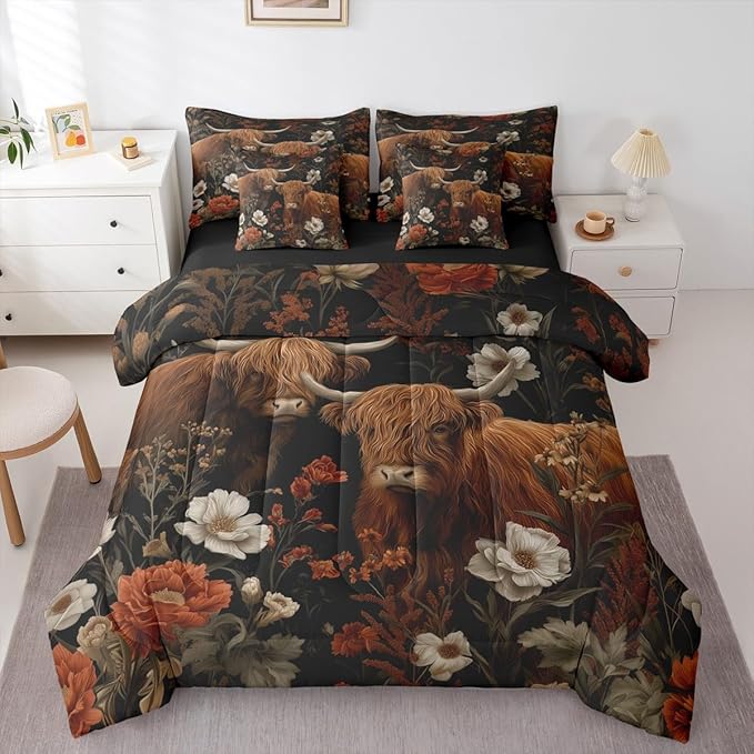Erosebridal Brown Cattle Full Bedding Set - Floral Highland Cow Bed in A Bag,Hippie Groovy Flowers Comforter Sets with Sheets, Vintage Floral Animal 7 Pieces Bed Set Bedroom Decor