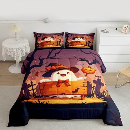 Erosebridal Teens Halloween Toddler Bedding Set, Cute Ghost Bow Comforter Set Spooky Halloween Decor Comforter for Kids Boys Girls Youth Adults Bedroom, Cartoon Graveyard Gothic Pumpkin Lantern Quilt