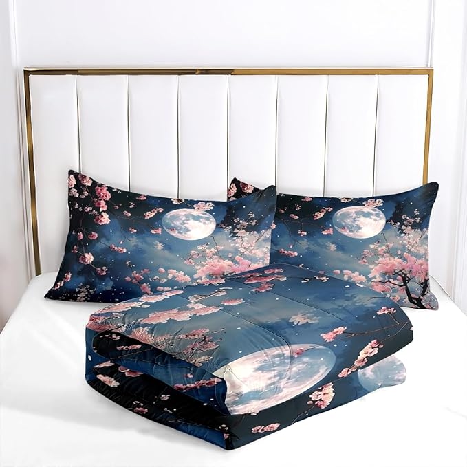 Cherry Blossom Bedding Sets Queen Size, Japanese Floral Themed Comforter for Women, Black and Pink 3 Pcs Warm Microfiber Quilt Set with 2 Pillowcases, 90 ''x90''